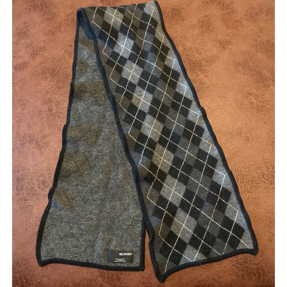 Murano Mens Scarf 100% Merino Wool Argyle Grey Black Knit‎ Winter Accessory